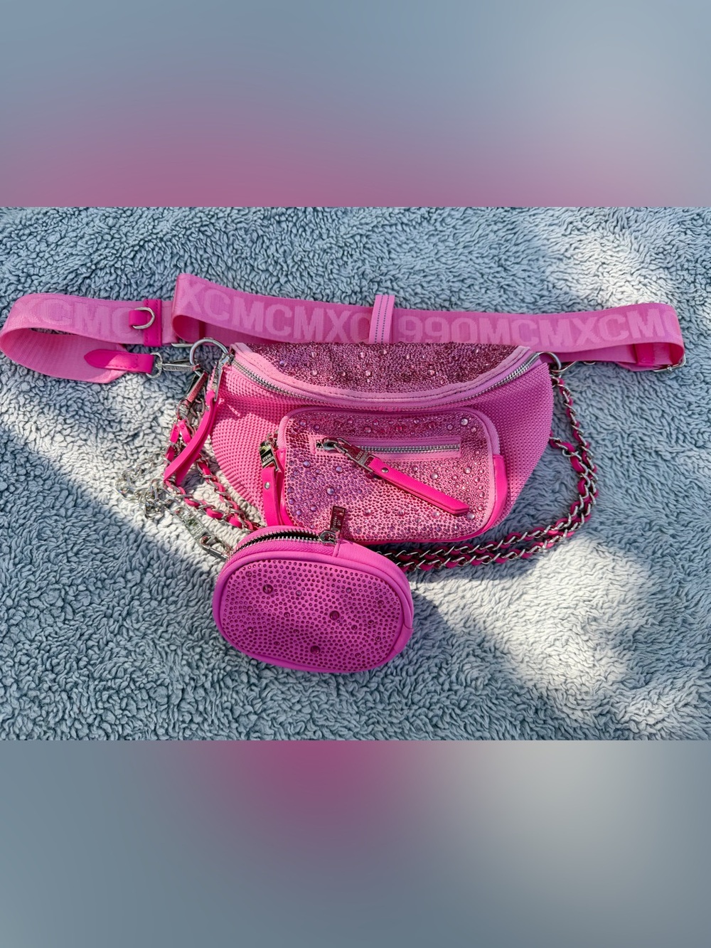 Steve Madden BMAXIMA Hot Pink Rhinestone Crossbody Belt Bag- Adjustable Stap